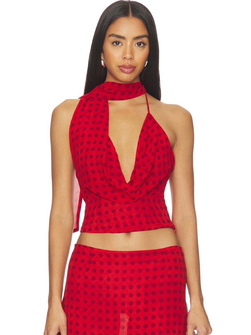 Red Polka Dot Halter Camisole With Draped Scarf Neckline